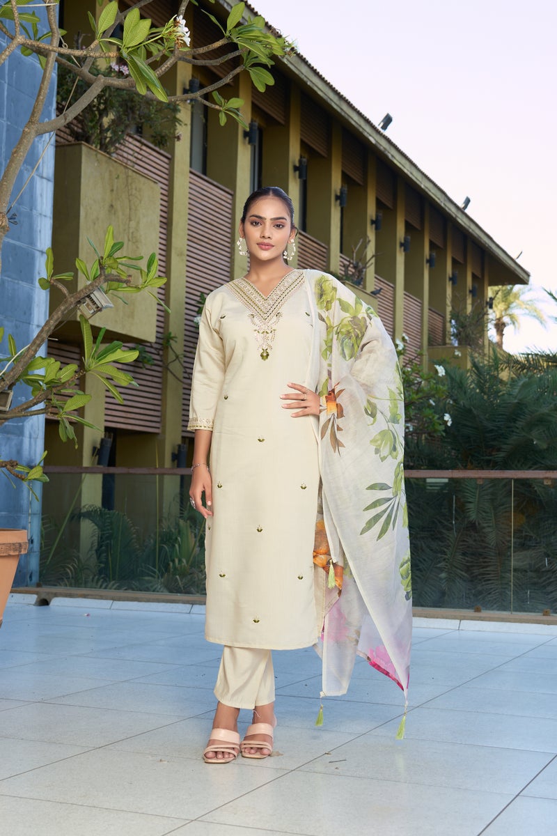 VISHVA CREATION Cream Straight Kurta Set for Women - Image 1